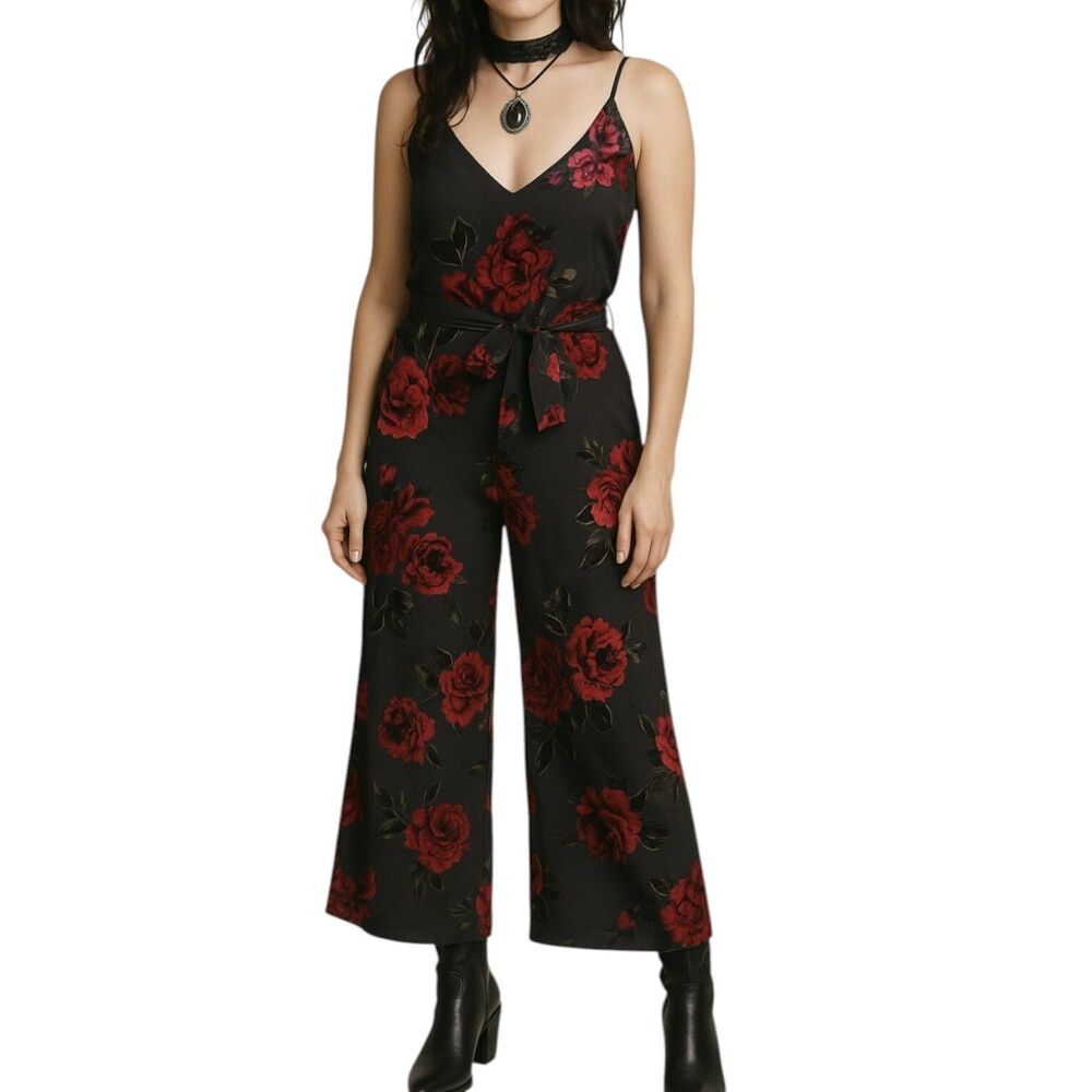 Ettitwa‎ By Anthropologie Whimsigoth Witchy Red Velvet Burnout Wide Leg Romper S